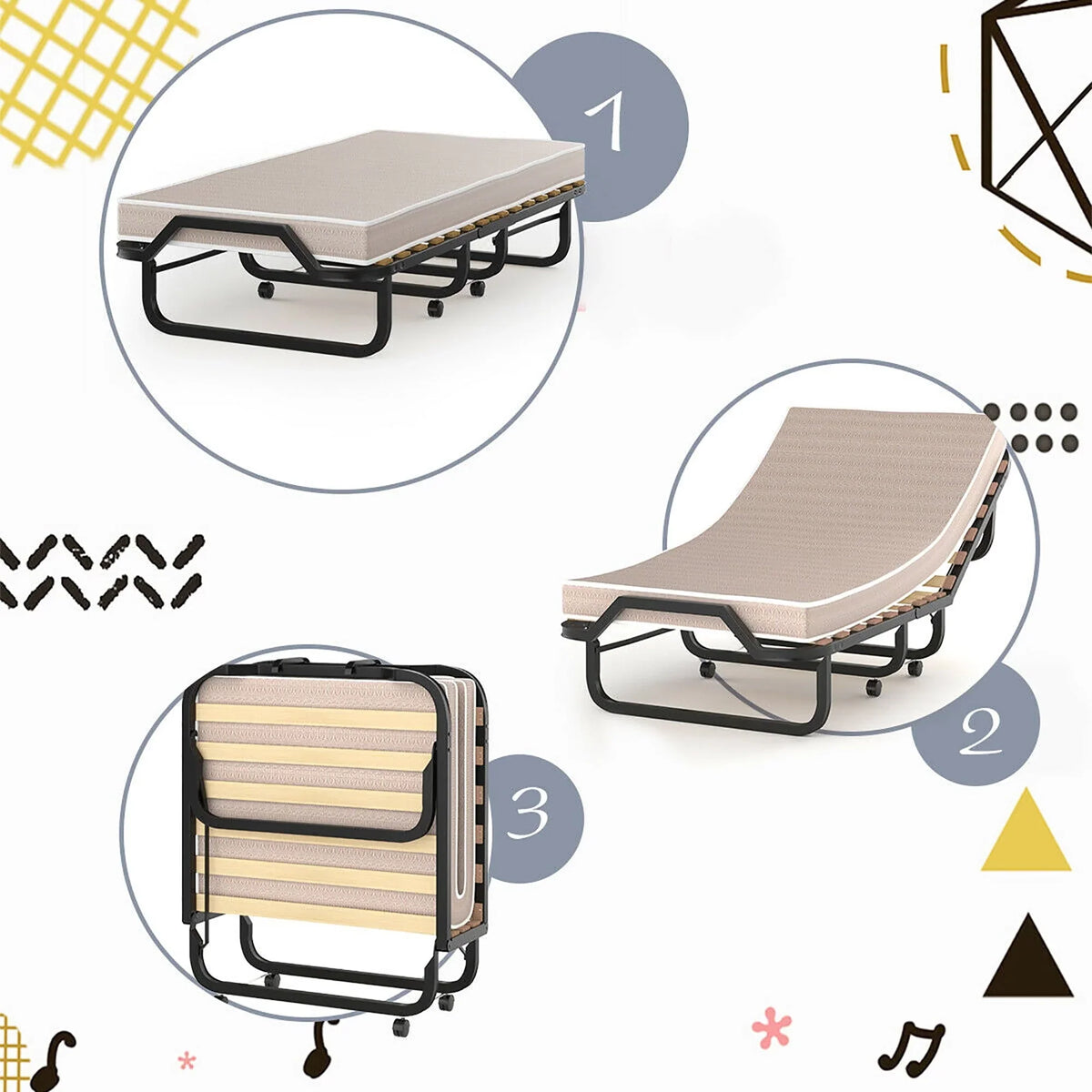 2026 NewGymax Folding Bed w/ Memory Foam Mattress Rollaway Metal Guest Bed Sleeper Made in Italy