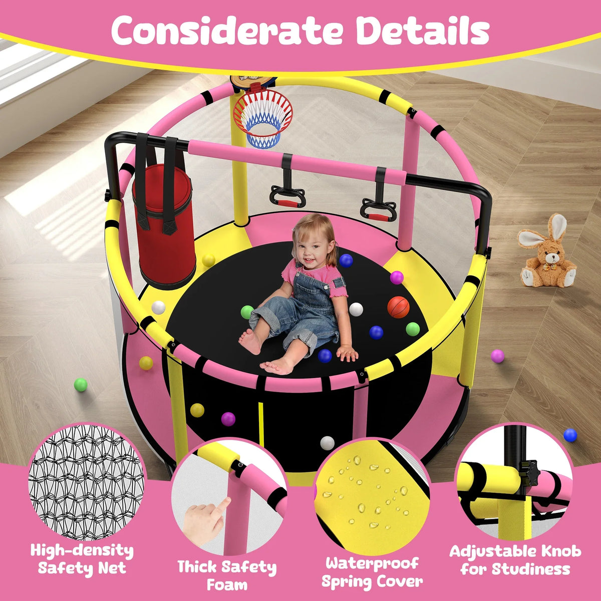 2026 NewMini Round Trampoline for Kids with Basketball Hoop, SEGMART 55'' Indoor Outdoor Toddler Trampoline with Enclosure Net, Swing, Sandbag, Ring, Ocean Balls, Small Trampoline Gift for Boys Girls, Blue