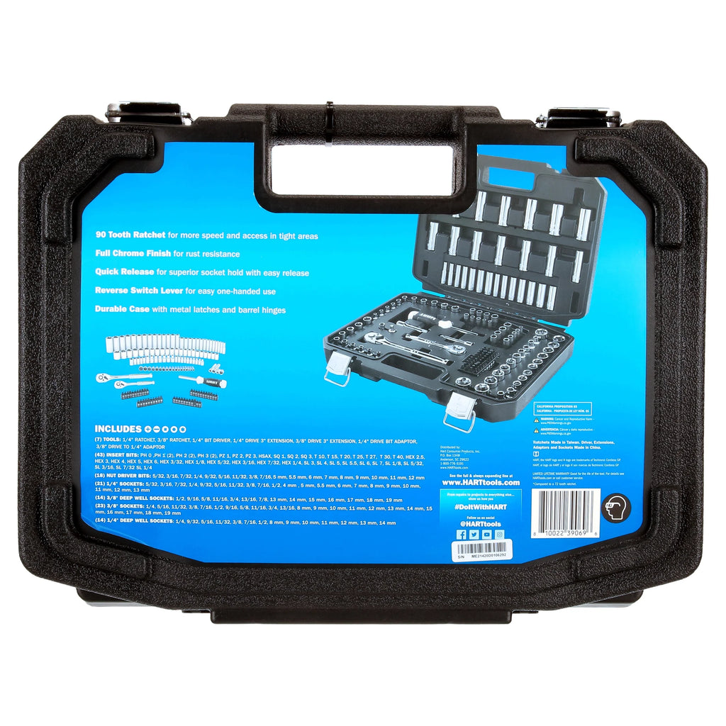 HART 140-Piece 1/4 and 3/8-inch Drive Mechanics Tool Set, Chrome Finish, SAE & Metric