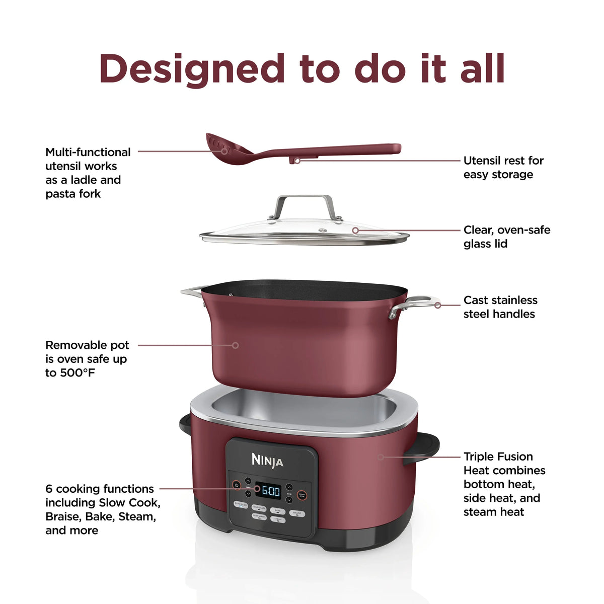 2026 NewNinja Foodi Possible Cooker, 8.5 Quart, 6-in-1 Multi-Cooker, Slow Cooker, Steamer, Glass Lid Integrated Cooking Utensil, Nonstick, Oven Safe Pot to 500°F, Cherry Tarte, MC1000WM
