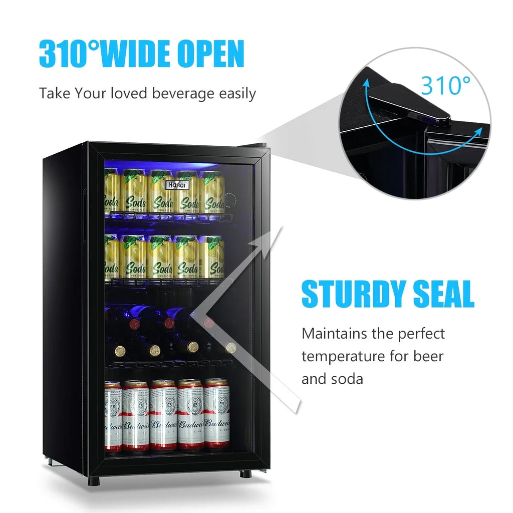 2026 NewWANAI Compact Beverage Refrigerator, 100 Can Capacity, Glass Door, Black Stainless Steel