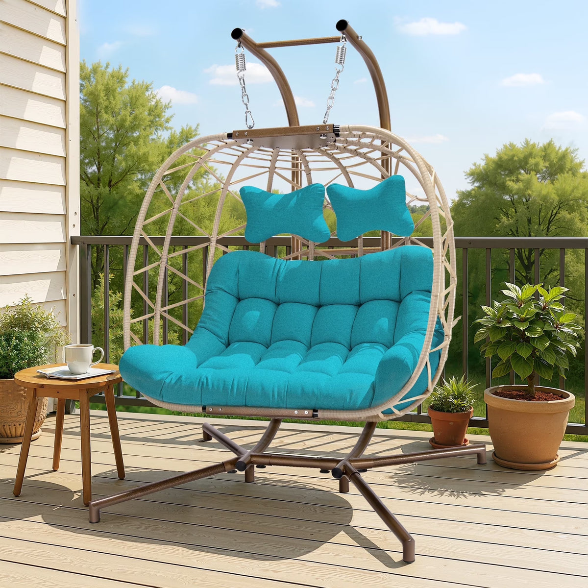2026 NewRADIATA Double Wicker Egg Swing Chair with Stand, 2-Person Hanging Egg Chair for Indoor/Outdoor, 700lbs Capacity, Thick Cushions & Headrest,Sturdy Metal Frame"Dark Gray
