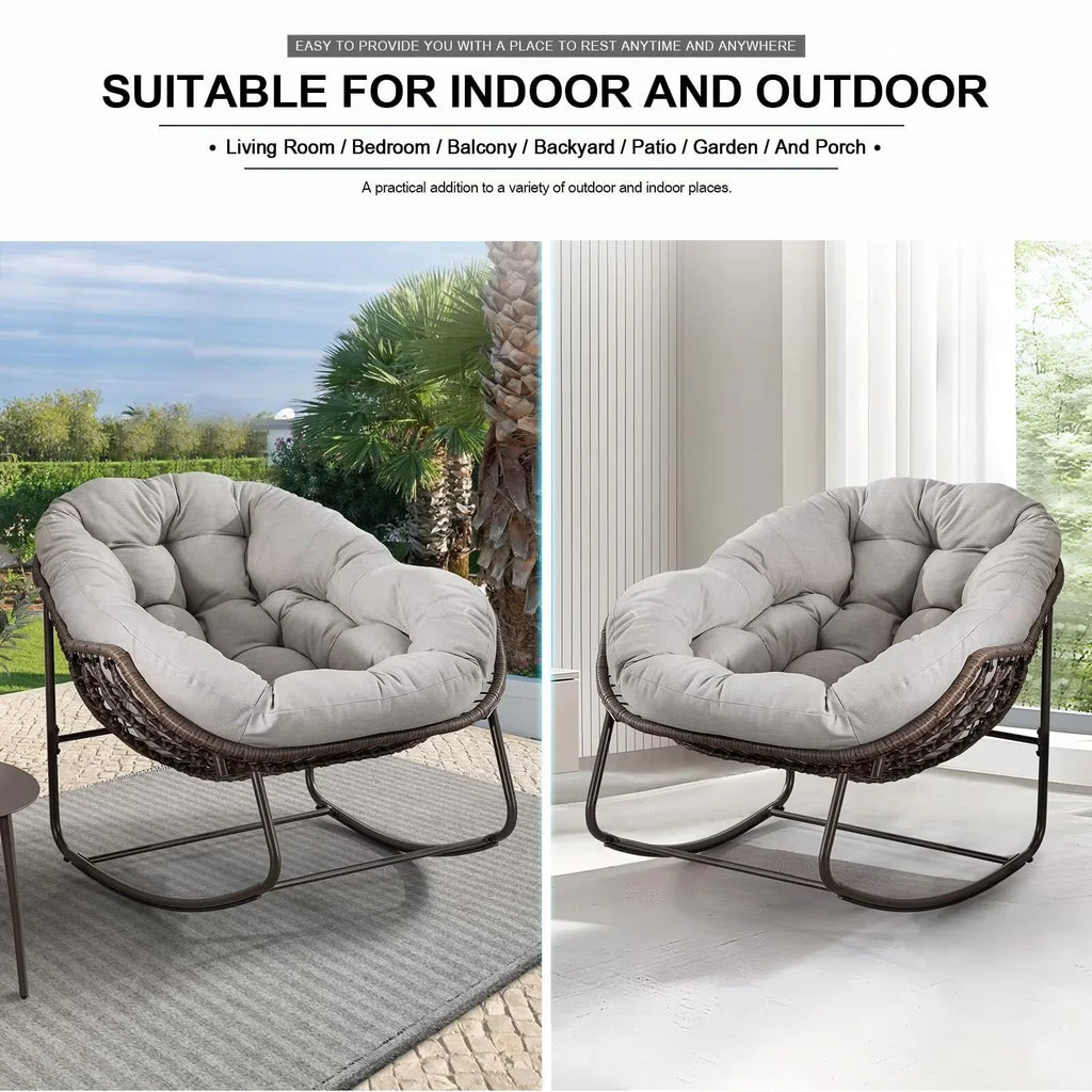 2026 NewOutdoor Papasan Rocking Chair, Patio Oversized Wicker Egg Rocking Chair, Indoor & Outdoor Comfy Rocker Chair with Thick Cushion, Modern Lounge Chair for Front Porch, Garden, Backyard, Grey