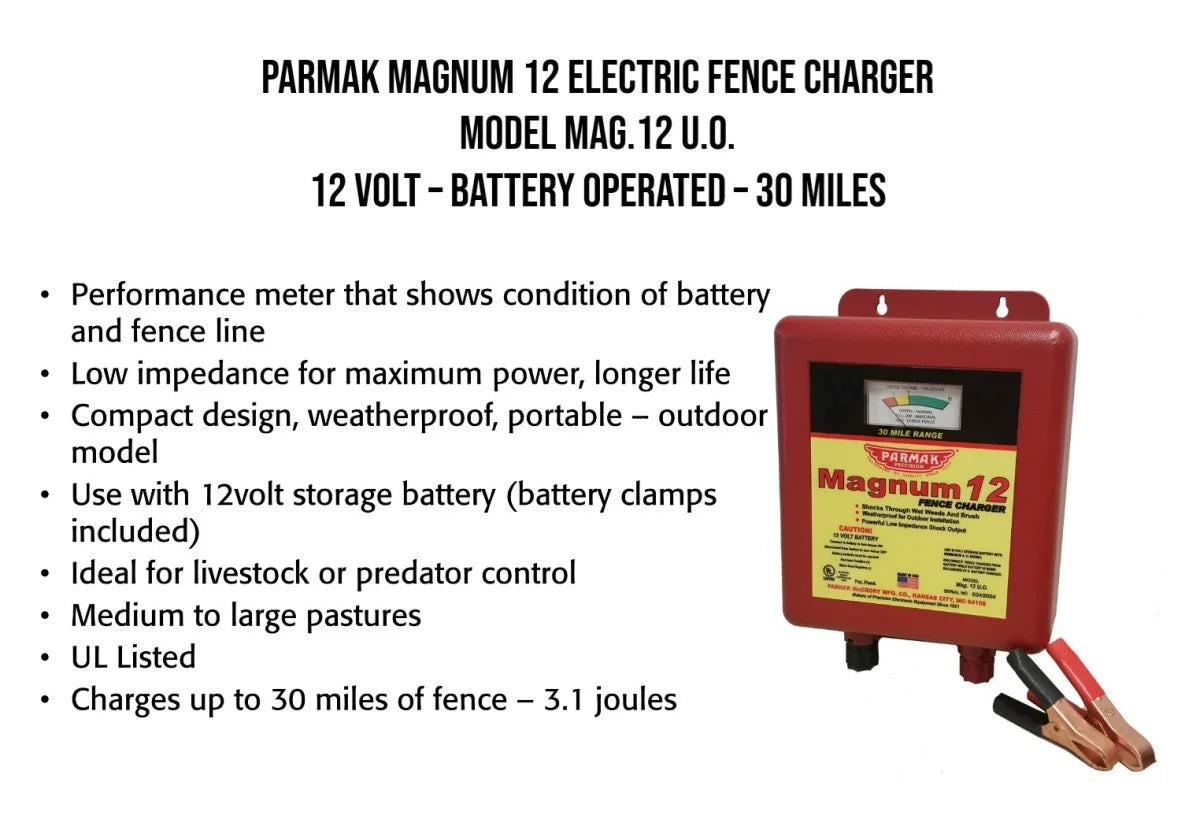 Parmak 30 Mile Range Magnum 12 Fence Charger, 12V Electric Fence Energizer