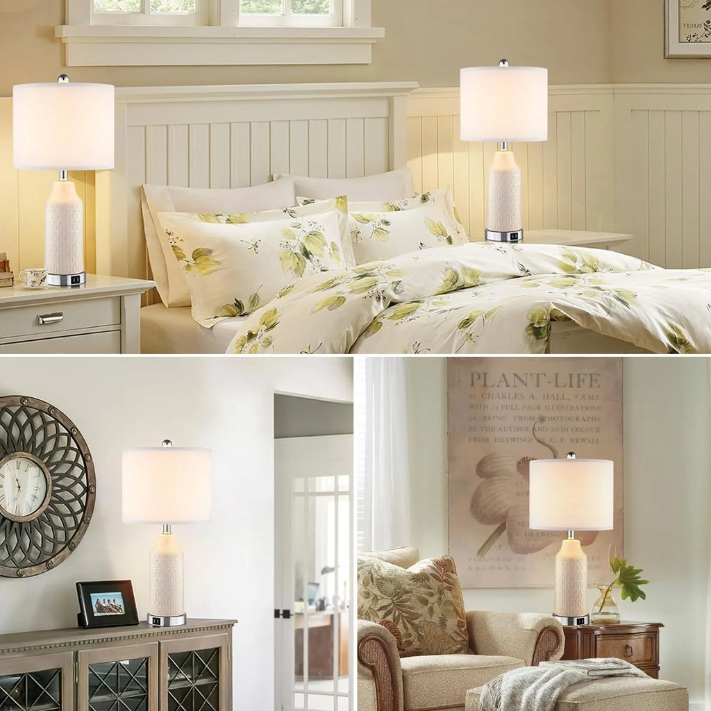2026 NewCinkeda Table Lamp Set of 2 for Living Room Bedroom with USB Ports AC Outlet 3 Way Dimmable Touch Nightlight Farmhouse White Floral Nightstand Bedside Lamps