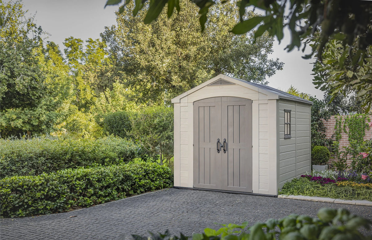 2026 NewKeter Factor 8 x 11 Foot All Weather Resin Outdoor Storage Shed, Taupe