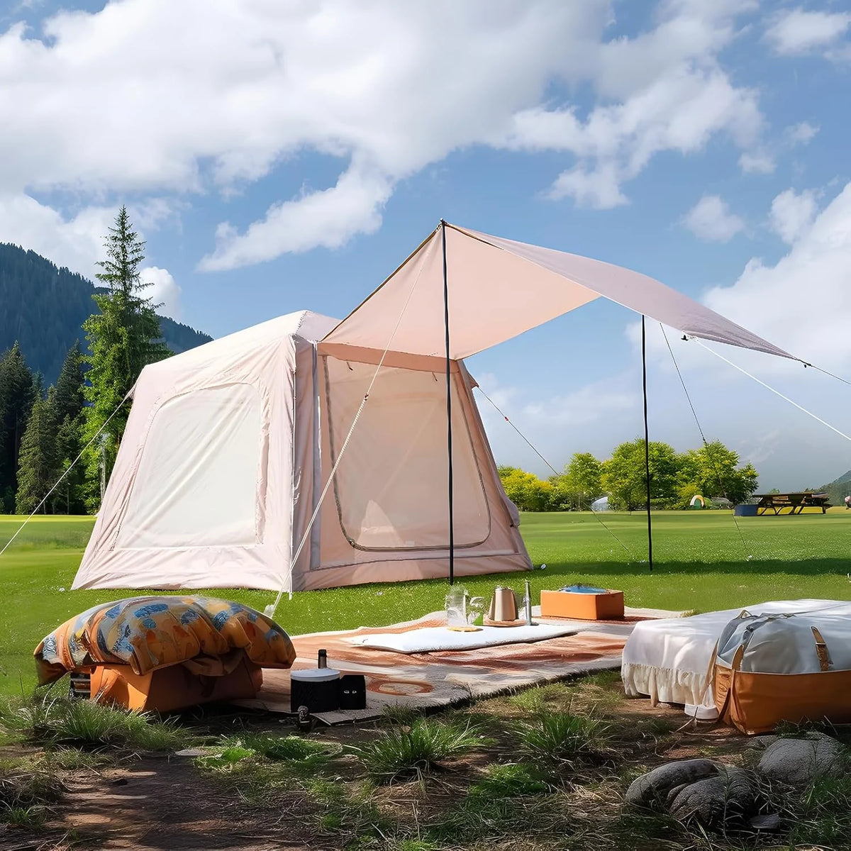 Zikebtuy 2/6/8 Person Inflatable Camping Tent, Easy Setup Blow Up Air Tent with Hand Pump, Waterproof 4-Season Glamping Tent with Large Mesh Windows & Oversized Canopy for Couples, Group & Family