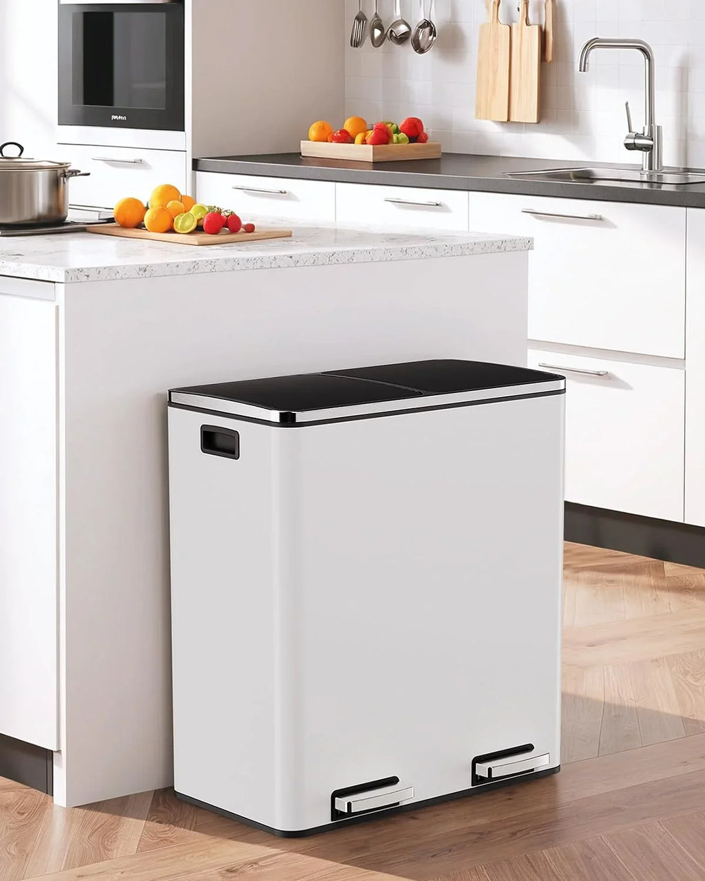 2026 NewLAZY BUDDY Dual Garbage Can, Stainless Steel 16 Gallon Step Kitchen Trash Can with Soft-Close Lid, Double Compartment Garbage Recycling Bin