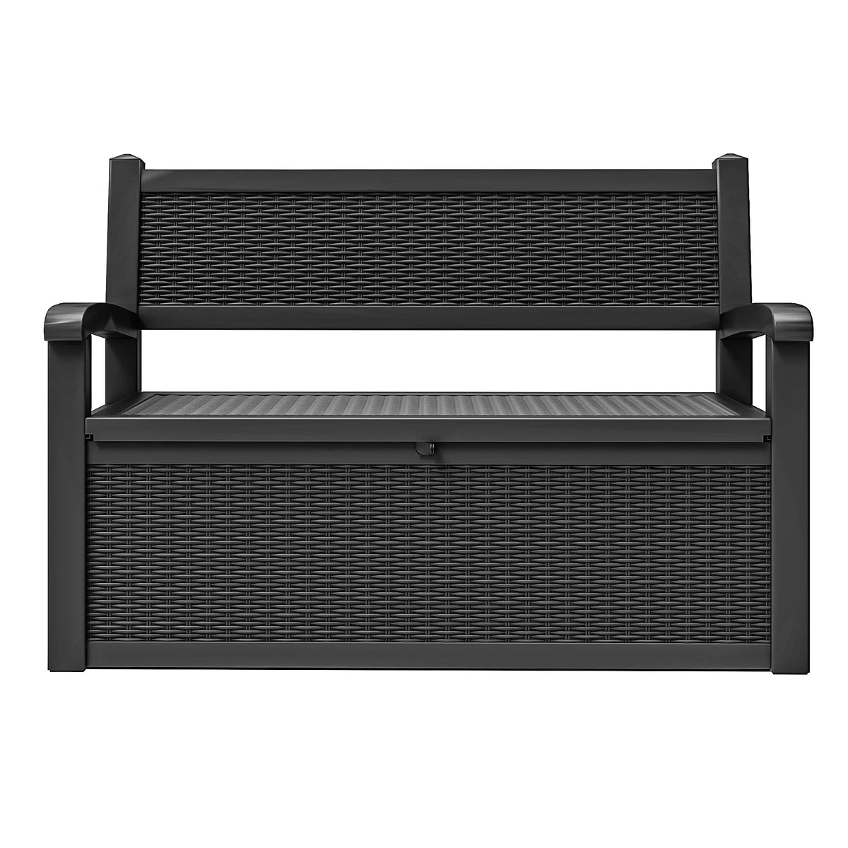 2026 NewModFusion 70-Gallon Outdoor Resin Storage Cabinet with Rattan Backrest – Waterproof Patio Bench Seat, 500 lbs Capacity, Black
