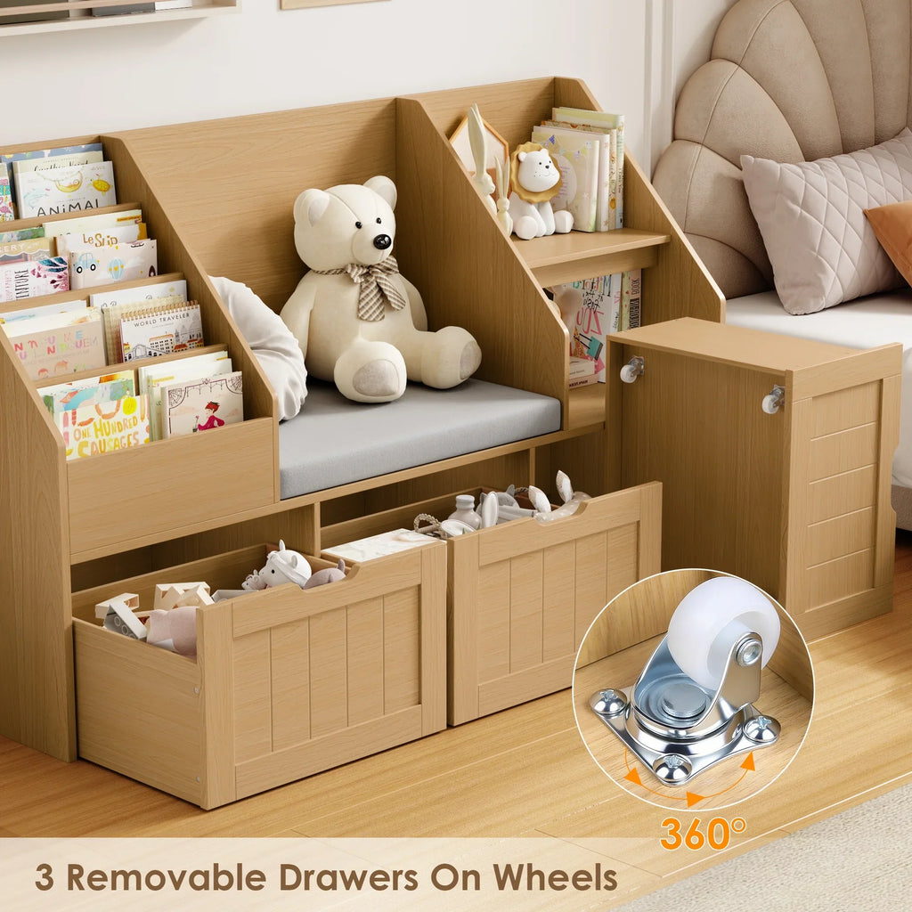 2026 NewHomfa Kids Bookshelf with Reading Nook & 3 Movable Drawers, 2 Cube Bookcase with 4-Tier Book Racks, Toy Storage Organizer for Playroom Bedroom, White