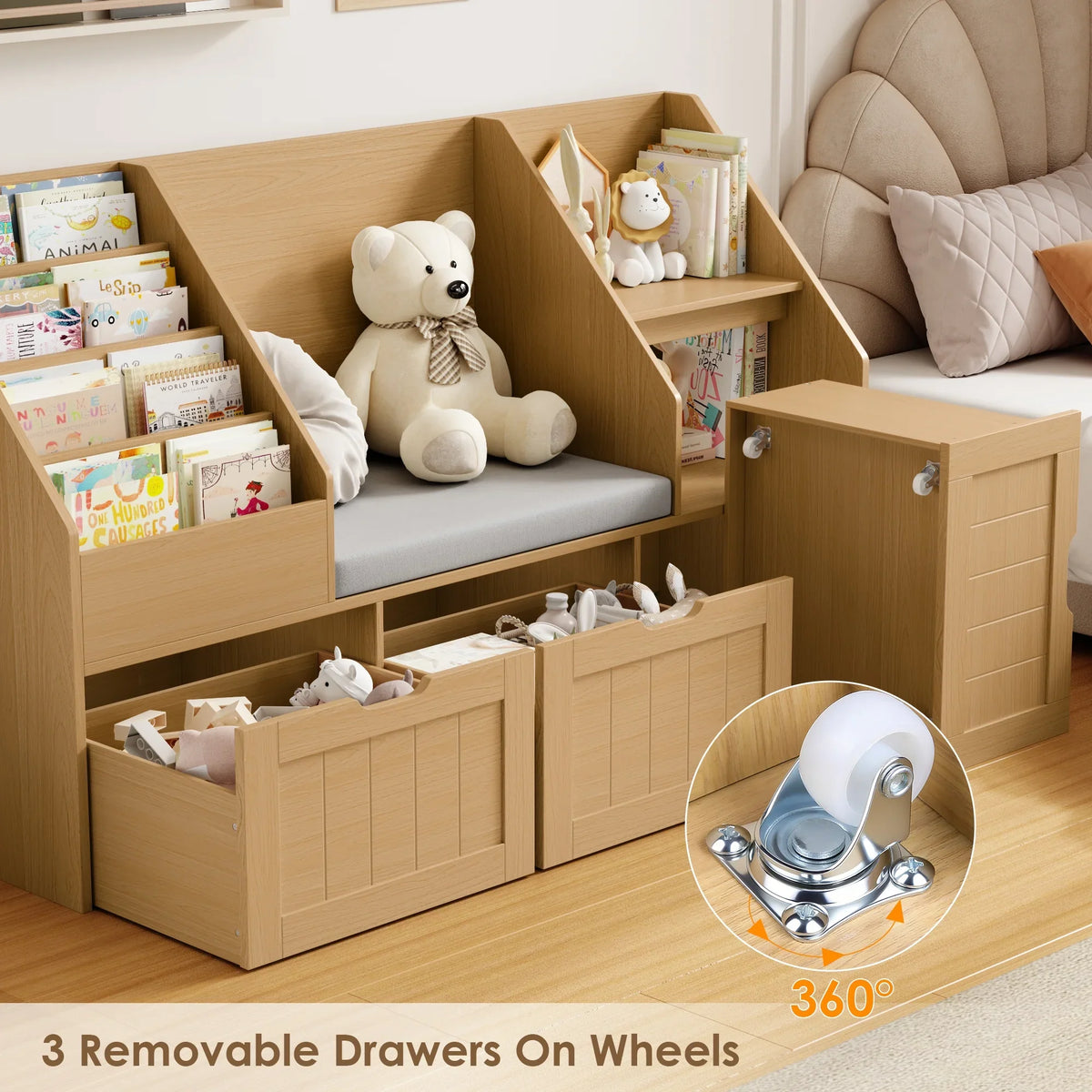2026 NewHomfa Kids Bookshelf with Reading Nook & 3 Movable Drawers, 2 Cube Bookcase with 4-Tier Book Racks, Toy Storage Organizer for Playroom Bedroom, White