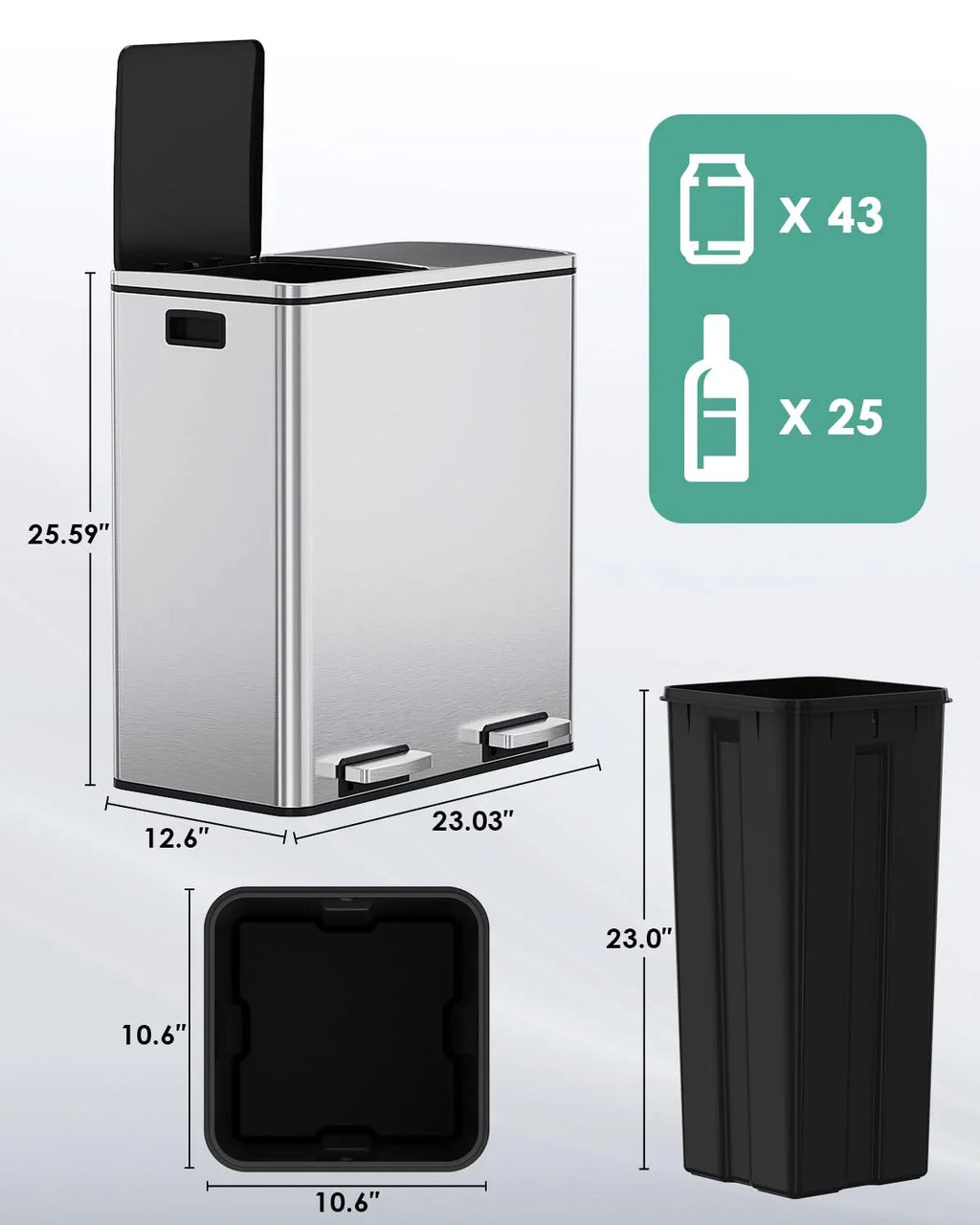 2026 NewLAZY BUDDY Dual Garbage Can, Stainless Steel 16 Gallon Step Kitchen Trash Can with Soft-Close Lid, Double Compartment Garbage Recycling Bin