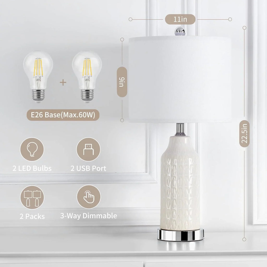 2026 NewCinkeda Table Lamp Set of 2 for Living Room Bedroom with USB Ports AC Outlet 3 Way Dimmable Touch Nightlight Farmhouse White Floral Nightstand Bedside Lamps
