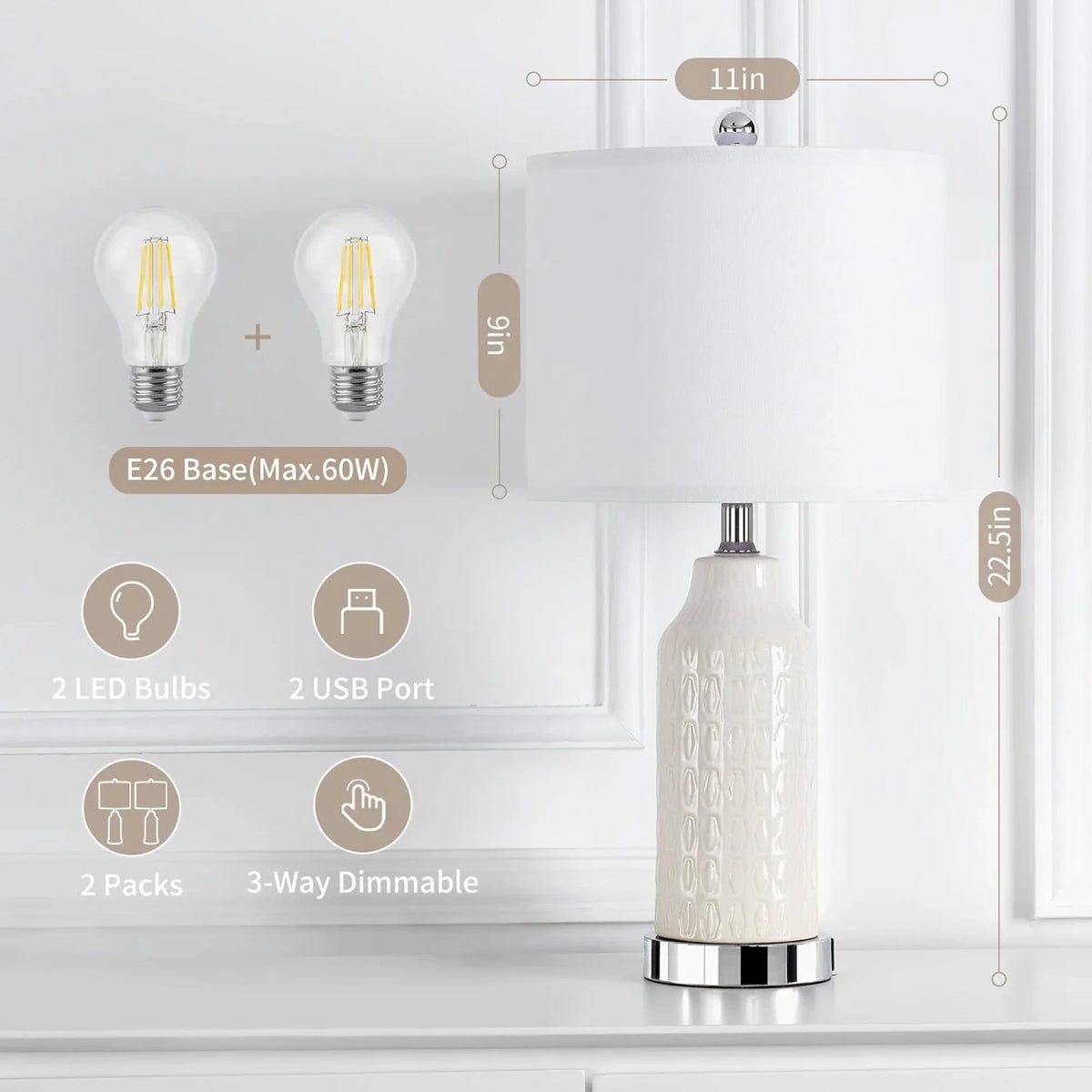 2026 NewCinkeda Table Lamp Set of 2 for Living Room Bedroom with USB Ports AC Outlet 3 Way Dimmable Touch Nightlight Farmhouse White Floral Nightstand Bedside Lamps
