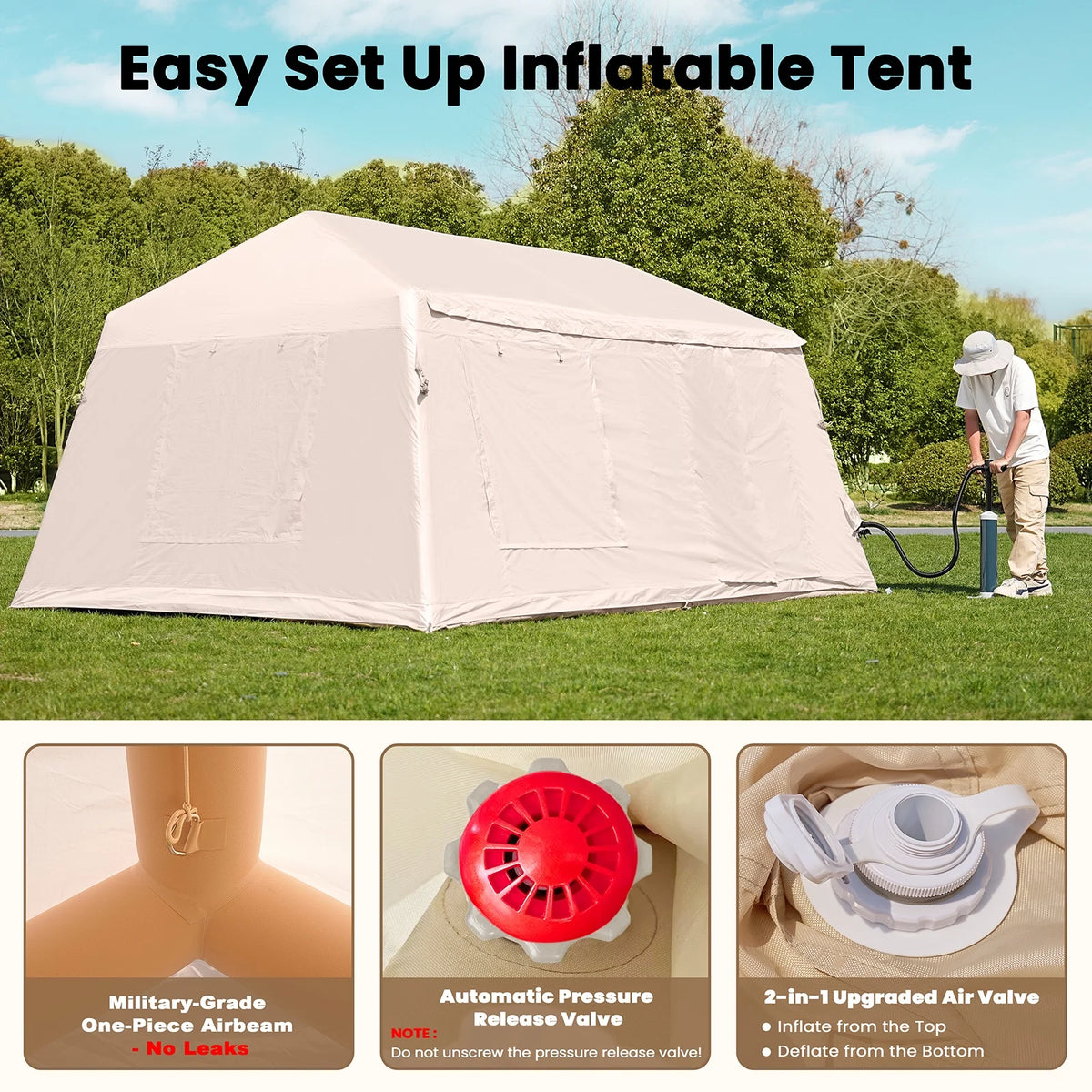 Slsy 4-6 Person Inflatable Camping Tents with Hand Pump & Carry Bag, Air Glamping Tents, Easy Setup Waterproof Windproof Blow up Tent, 4 Seasons Oxford Cabin Tent with Mesh & Chimney Window
