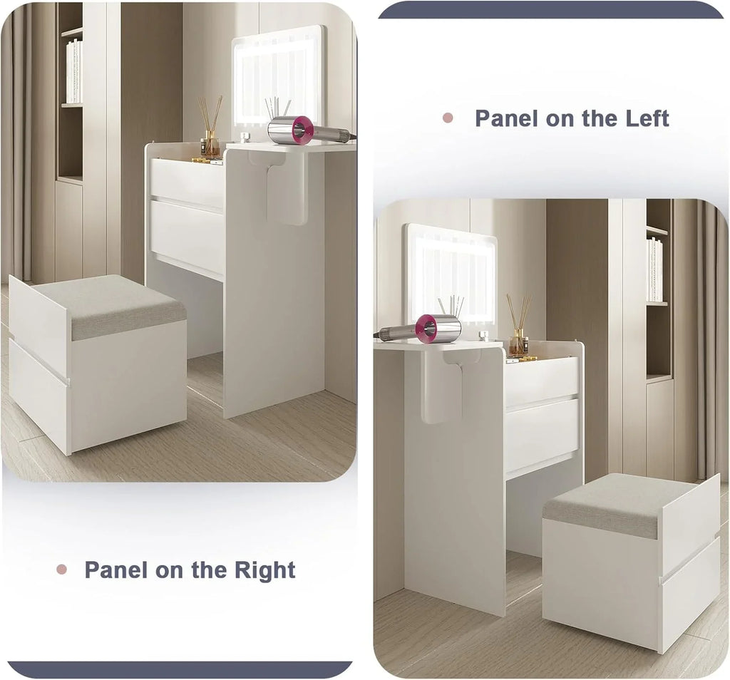 2026 NewVanity Desk with Flip Top Lighted Mirror, Compact Makeup Table with Storage Stool, Integrated Vanity with Drawers, 3-in-1 Vanity Set, Small Dressing Desk for Bedroom