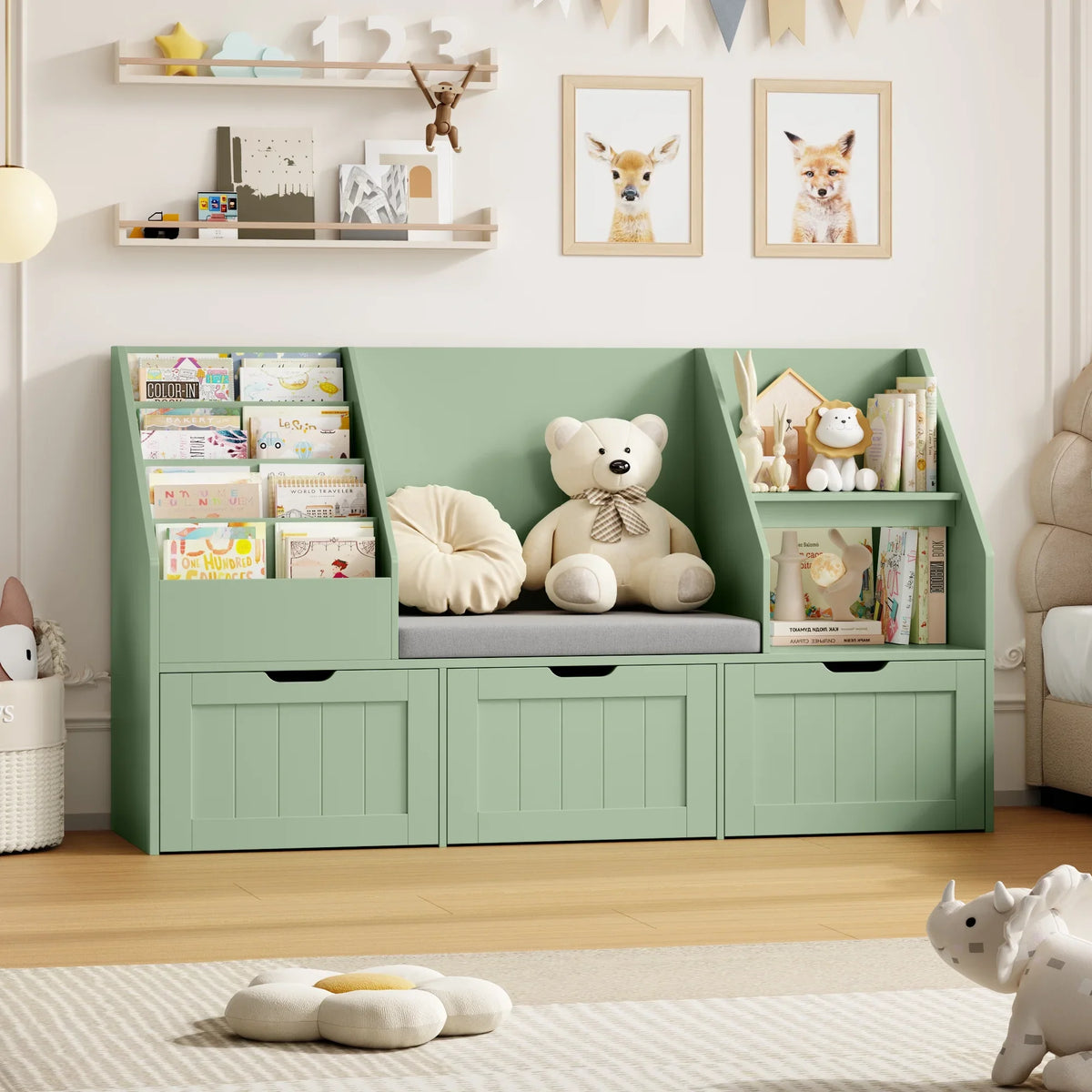 2026 NewHomfa Kids Bookshelf with Reading Nook & 3 Movable Drawers, 2 Cube Bookcase with 4-Tier Book Racks, Toy Storage Organizer for Playroom Bedroom, White
