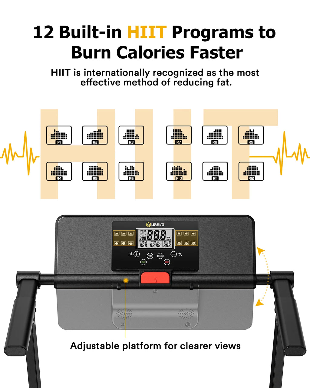 UREVO Folding Treadmill, 2.25HP Portable Mini Treadmills for Home Office, Compact Threadmill with 12 HIIT Modes, LCD Display, 265 lbs Capacity