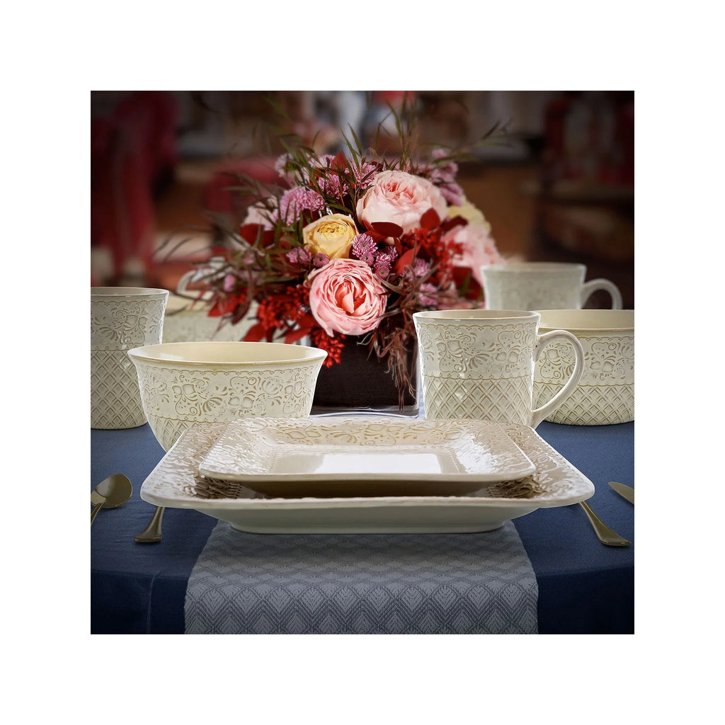 2026 NewElama Ivory Lotus 16 Piece Square Dinnerware Set