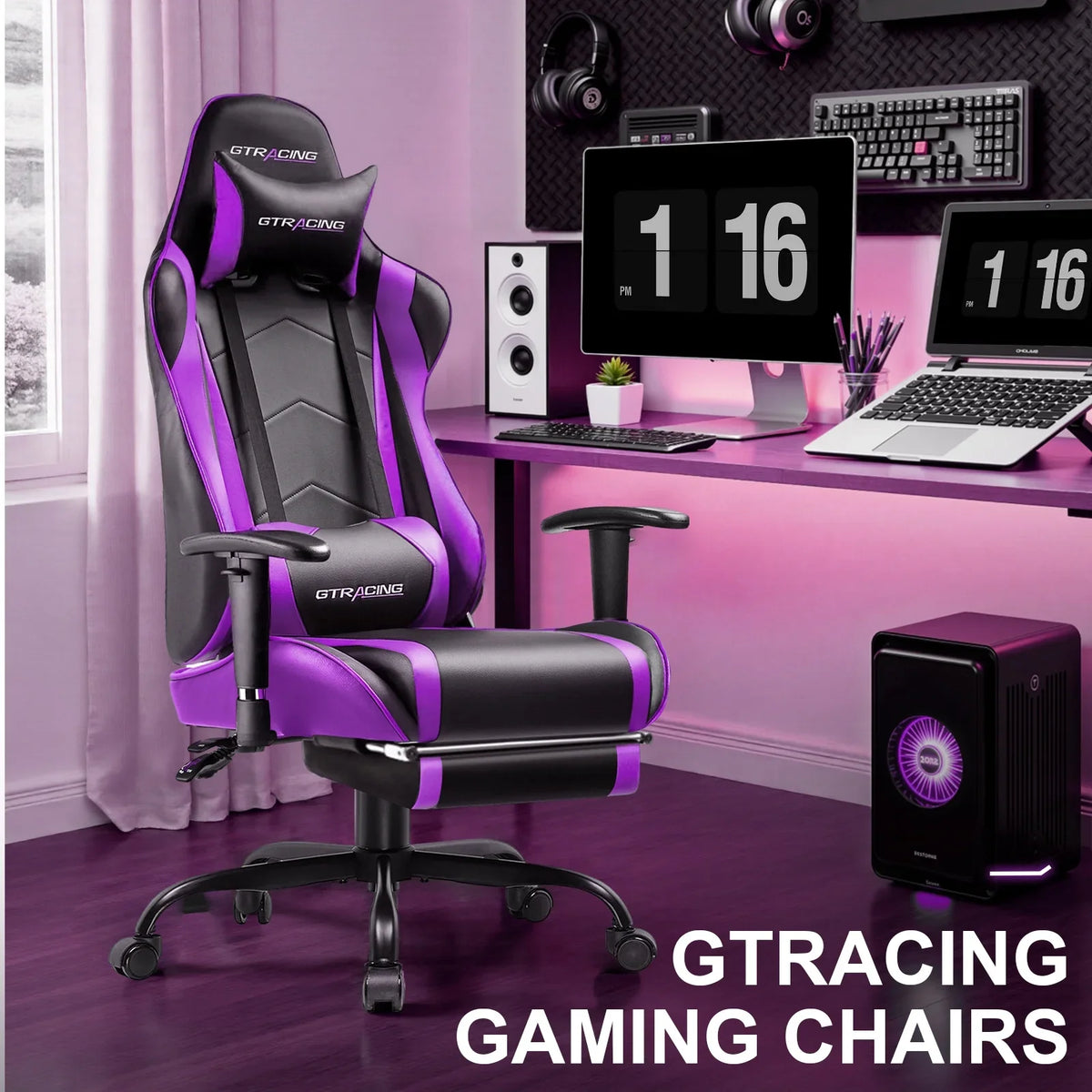 2026 NewGTRACING Gaming Chair, Ergonomic Office Desk Chair with Lumbar Support, PU Leather, Footrest & Adjustable Headrest, Red