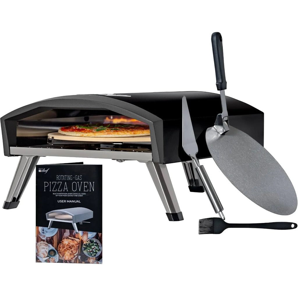 2026 NewDeco Chef Outdoor Gas Pizza Oven, Portable Collapsable Design, Hassle-Free Self-Rotating Baking Stone, Black