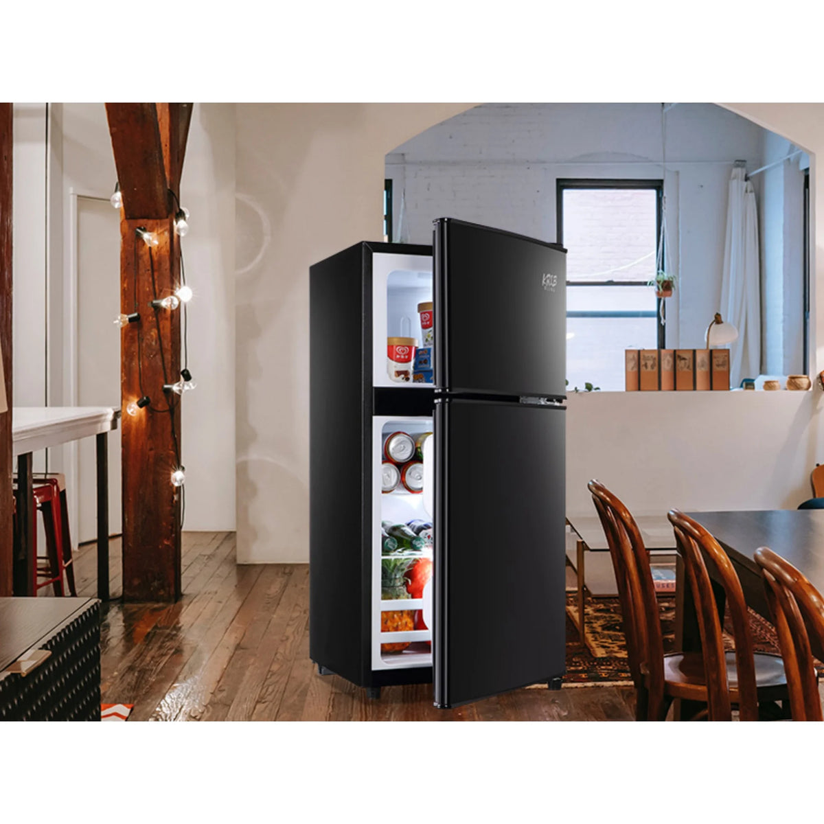 3.5 Cu.Ft Compact Mini Fridge with Freezer, 2-Door Small Refrigerator with 7-Level Thermostat & Removable Shelves for Kitchen, Dorm, Apartment, Bar, Office-Black-