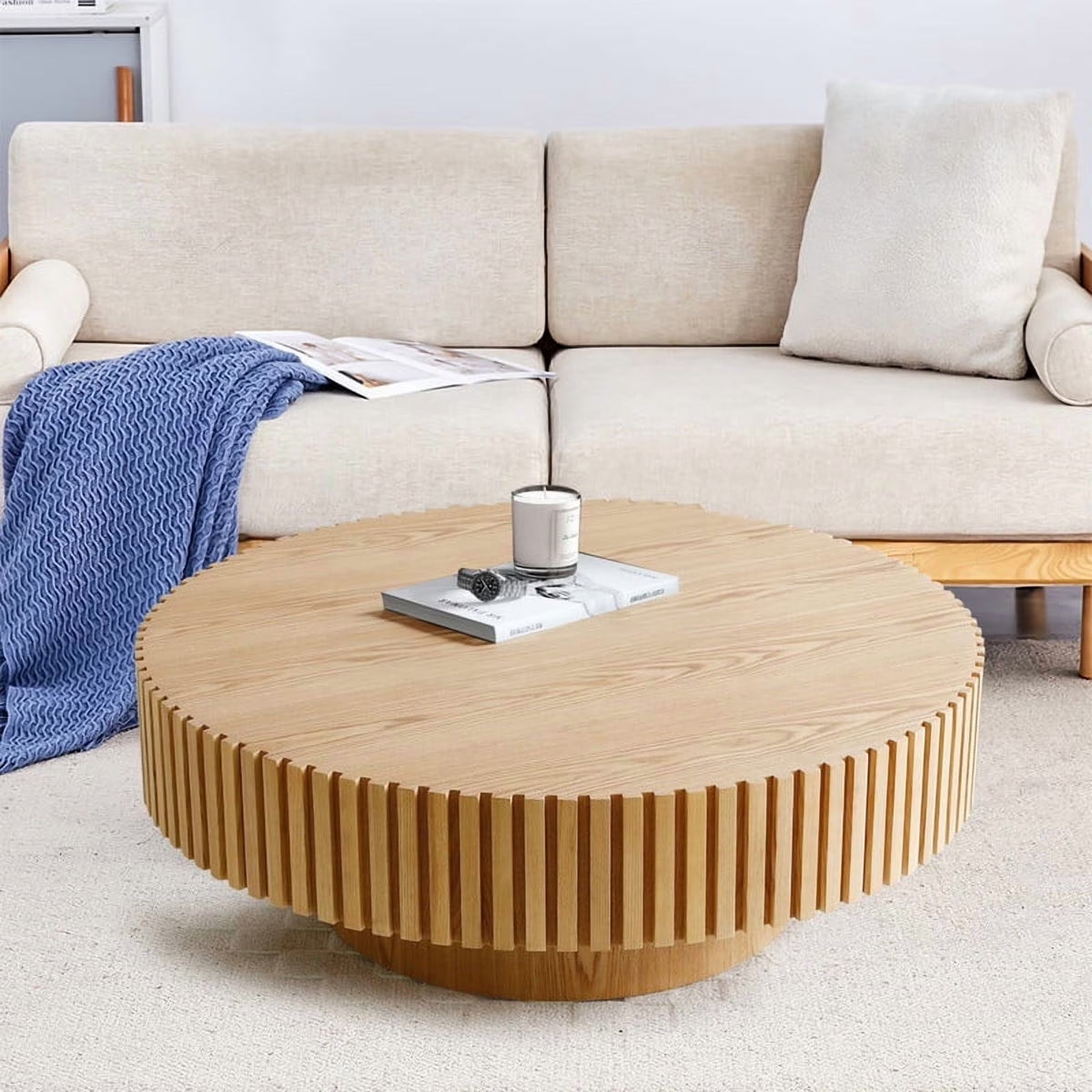 2026 NewFFH 43.7 inch Oval Coffee Table for Living Room,Handcraft Rustic Corner Coffee Table Nature Wood Relief Sturdy Pedestal for Apartmen,Side Table Centre Table,Nature Wood