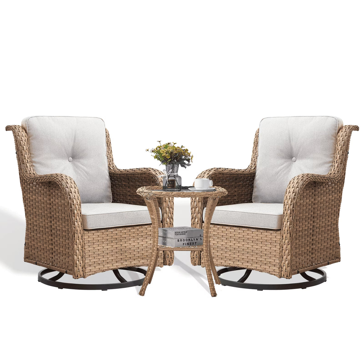 2026 NewPOCASSY 3 Piece Patio Set Outdoor Wicker Glider Rocking and Swivel Chairs with Cushions