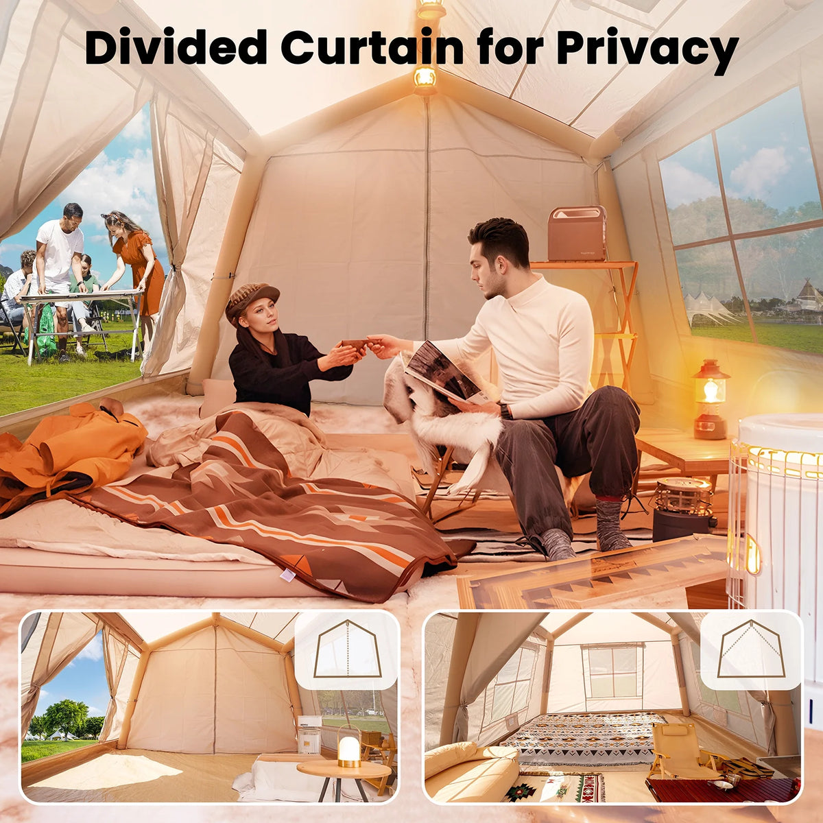 Slsy 4-6 Person Inflatable Camping Tents with Hand Pump & Carry Bag, Air Glamping Tents, Easy Setup Waterproof Windproof Blow up Tent, 4 Seasons Oxford Cabin Tent with Mesh & Chimney Window