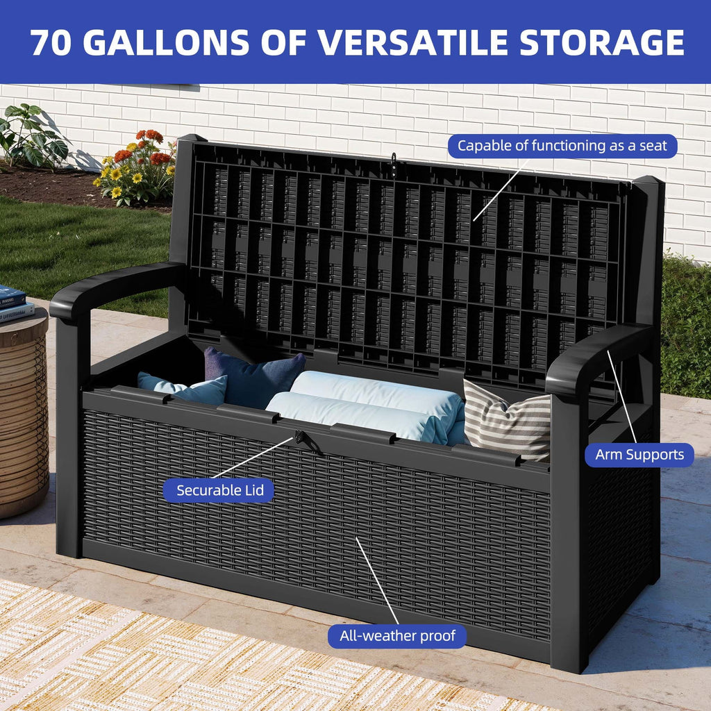 2026 NewModFusion 70-Gallon Outdoor Resin Storage Cabinet with Rattan Backrest – Waterproof Patio Bench Seat, 500 lbs Capacity, Black