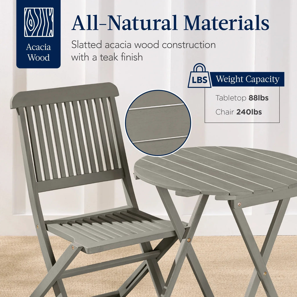 2026 NewBest Choice Products 3-Piece Acacia Wood Bistro Set, Folding Patio Furniture w/ 2 Chairs, Table - Natural