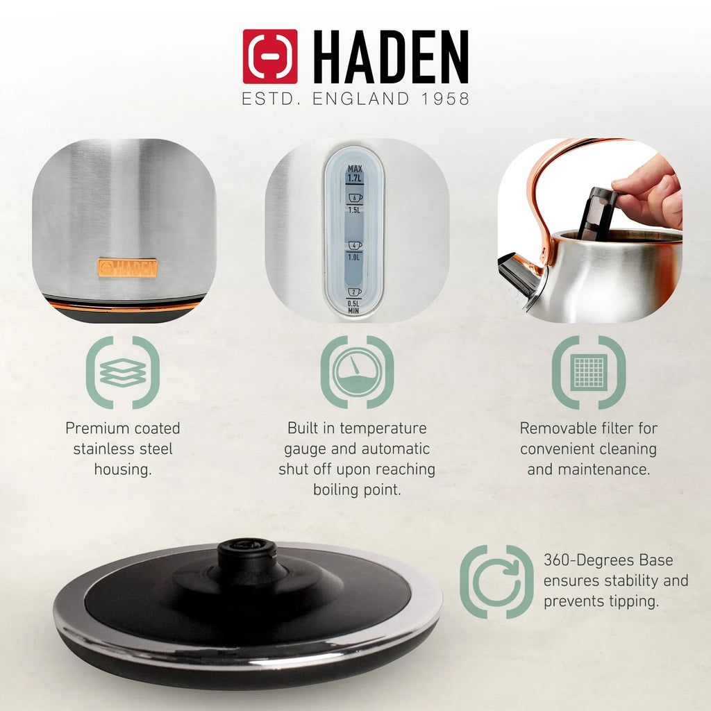 2026 NewHaden Heritage 1500 1.7 Electric Kettle, Matte Black Finish with Copper Accents