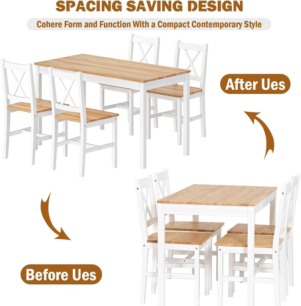 2026 NewSoges 5 Pieces Dining Table Set, Pine Wood Kitchen Dining Table with 4 Chairs, Wood Rectangular kitchen table and chairs for 4, Small Dining Set for Bar Dining Room Breakfast Nook, White and Gray