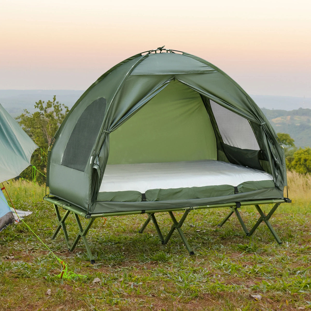 2 Person Foldable Camping Cot with Tent, Bedspread and Thick Air Mattress, 4-In-1 Elevated Camping Bed Tent for Outdoor Hiking, Picnic, Travel
