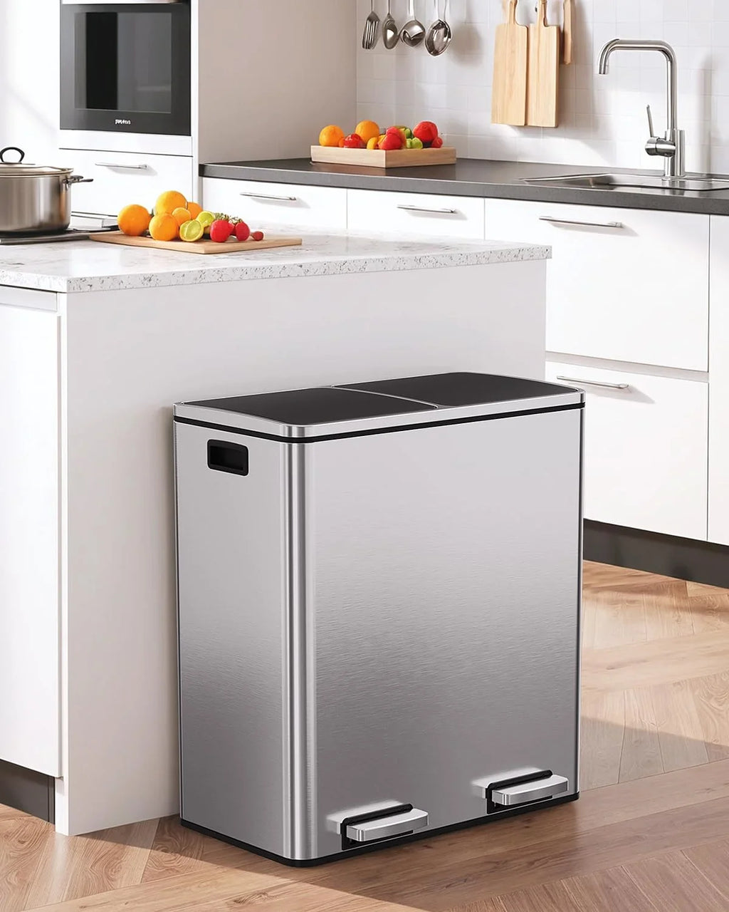2026 NewLAZY BUDDY Dual Garbage Can, Stainless Steel 16 Gallon Step Kitchen Trash Can with Soft-Close Lid, Double Compartment Garbage Recycling Bin