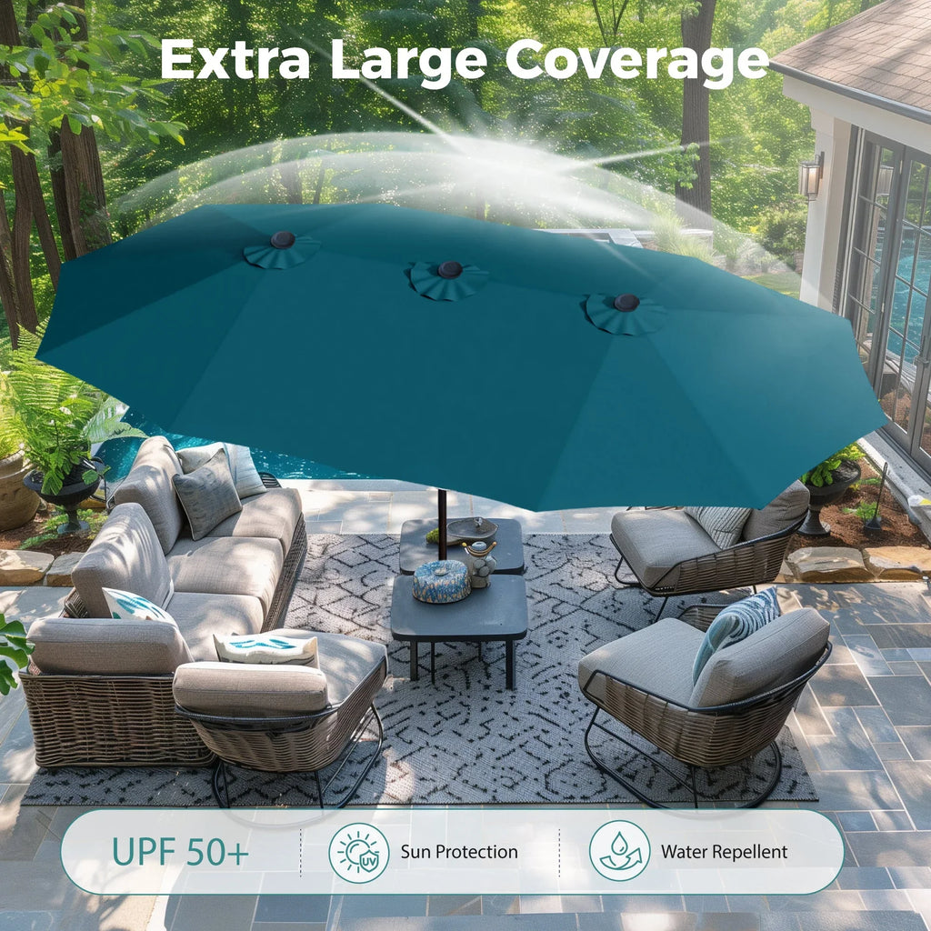 2026 NewAlpha Joy 15ft Outdoor Patio Umbrella Extra-Large Double-Sided Garden Umbrella with Crank Handle and Base - Smoky Gray