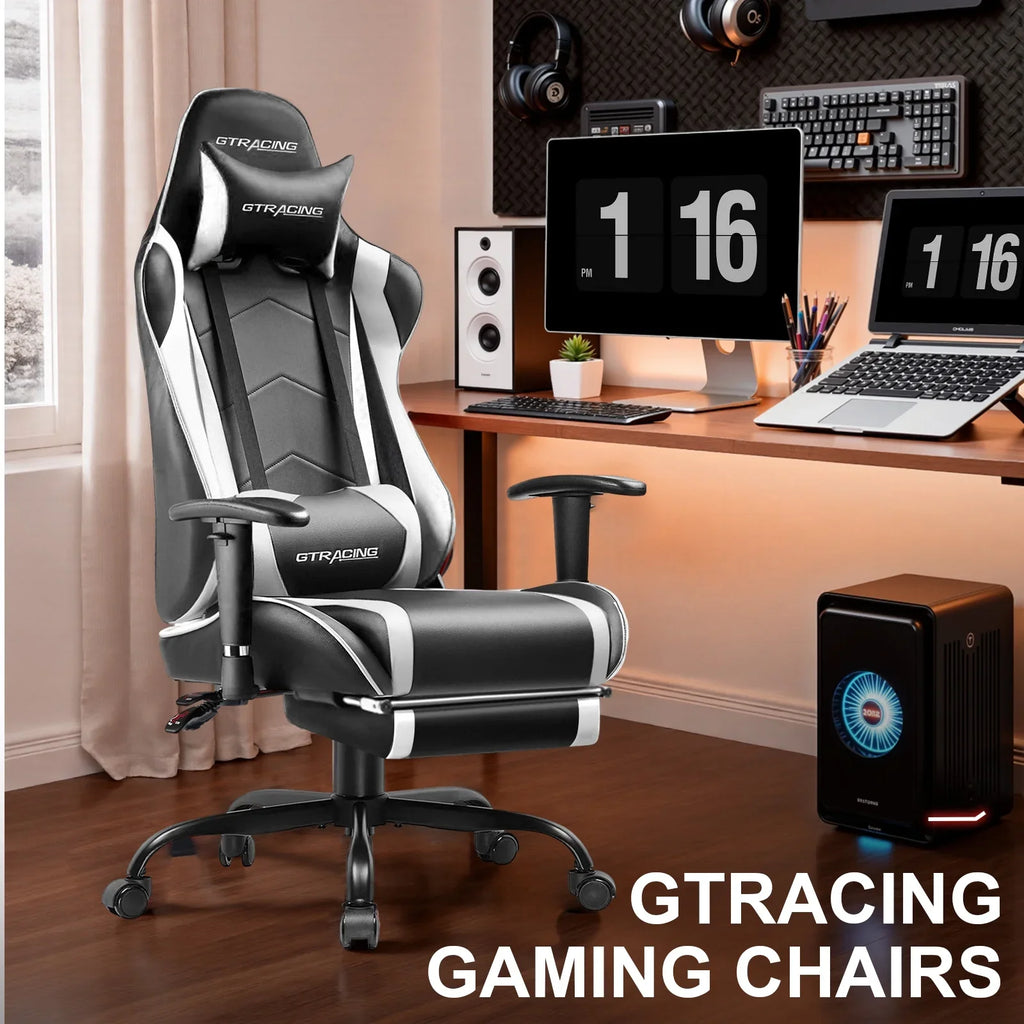 2026 NewGTRACING Gaming Chair, Ergonomic Office Desk Chair with Lumbar Support, PU Leather, Footrest & Adjustable Headrest, Red