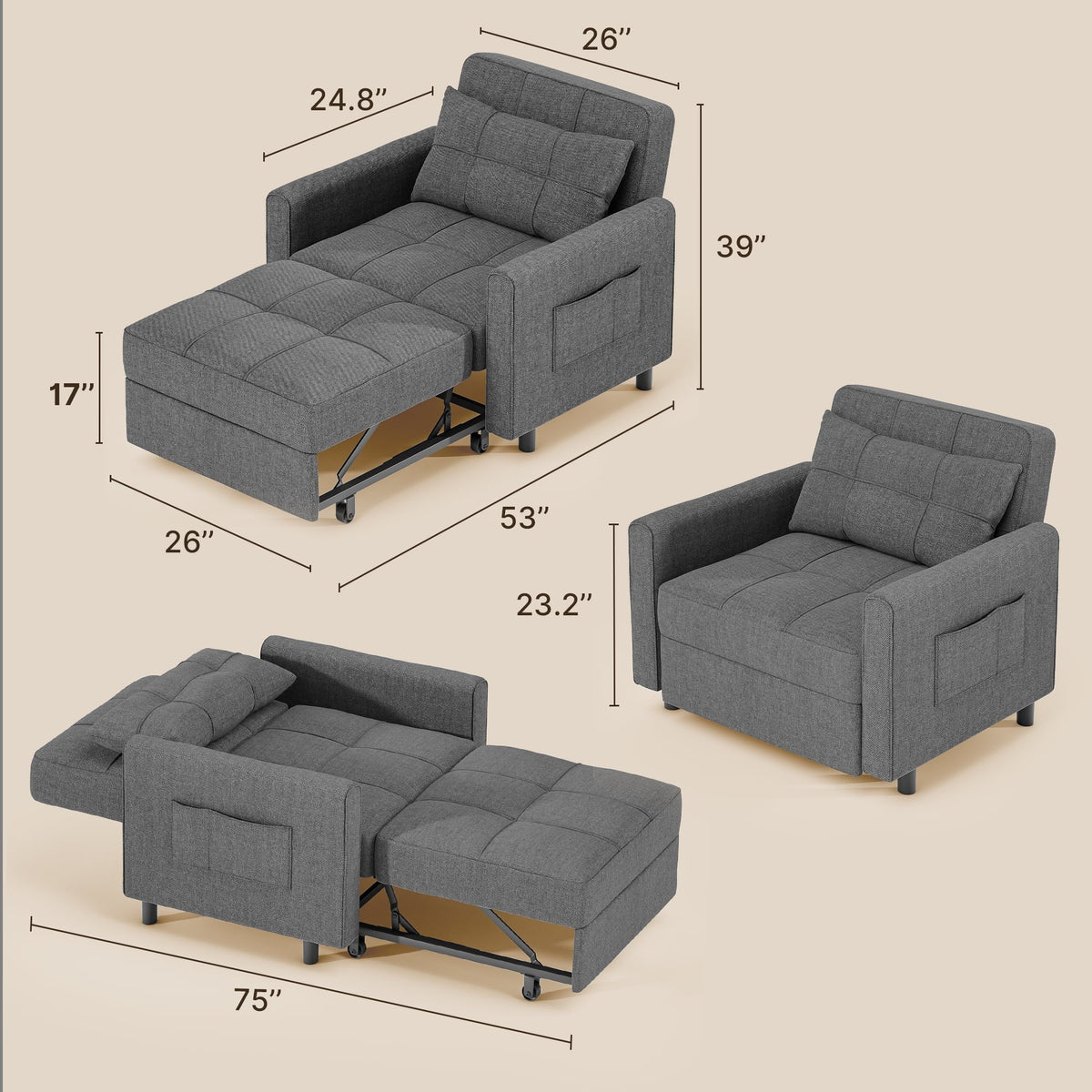 2026 New3 in 1 Convertible Sofa Bed Chair for Living Room, Aiho Sleeper Sofa Bed for Living Room, Dark Gray