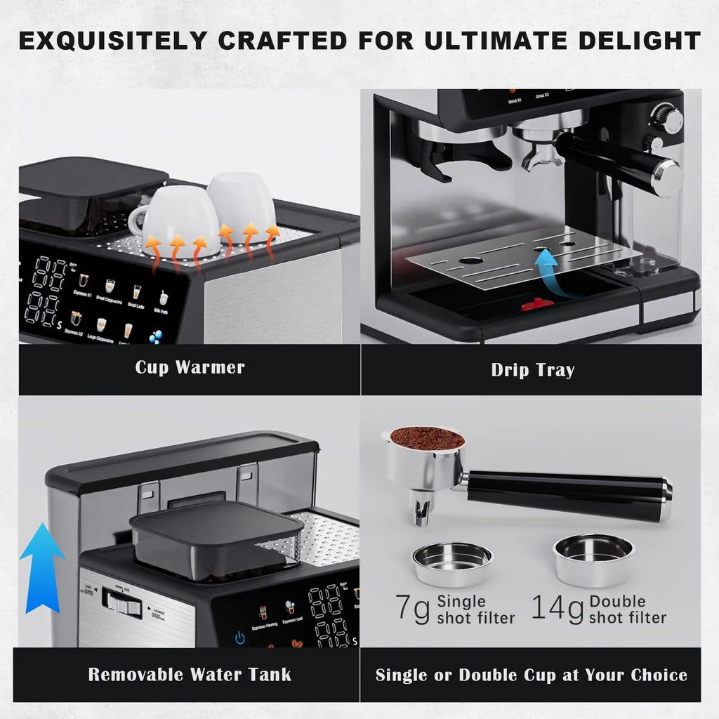 2026 NewBluebow All-in-One Espresso Machine with Grinder, 20-Bar Automatic Coffee Maker, Built-in Milk Frother for Latte & Cappuccino, Single/Double Shot