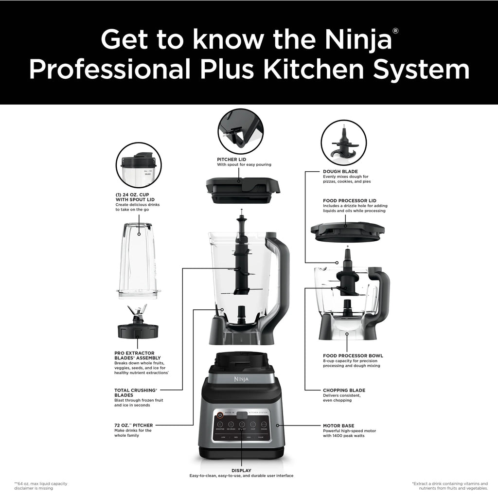 2026 NewNinja Professional Plus Kitchen System, 1400 Watts, 5 Presets for Smoothies, Chopping, Dough with Auto IQ, 72-oz.* Blender Pitcher, 64-oz. Processor Bowl, 24-oz. To-Go Cups, Black, BN800