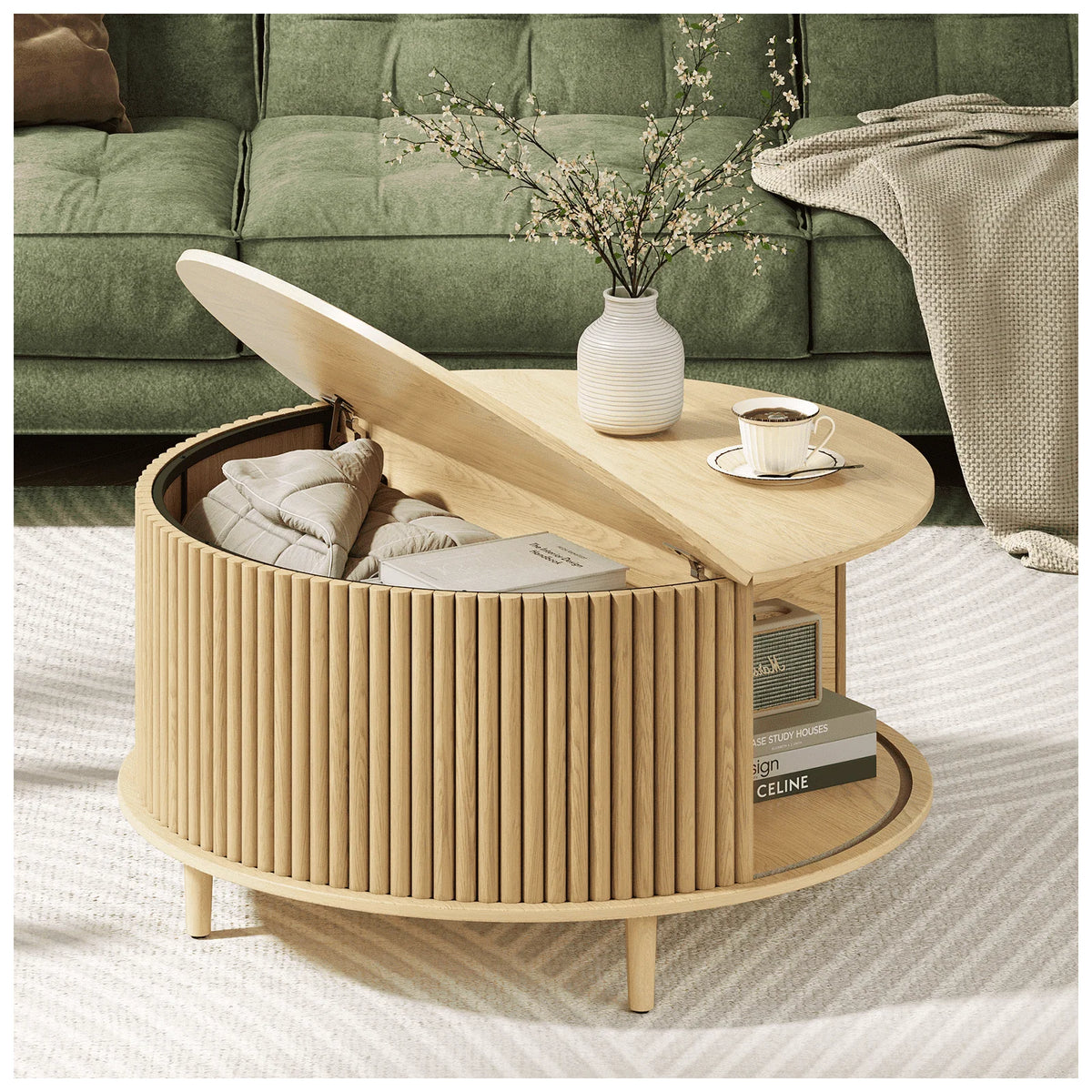 2026 NewJOINICE Round Coffee Table with Storage and Sliding Door,Mid Century Modern Wooden Center Table,for Living Room,Walnut