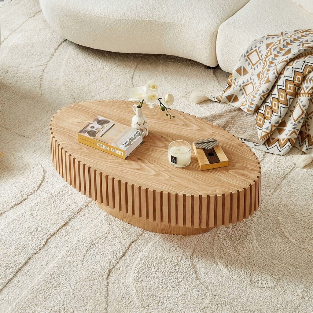 2026 NewFFH 43.7 inch Oval Coffee Table for Living Room,Handcraft Rustic Corner Coffee Table Nature Wood Relief Sturdy Pedestal for Apartmen,Side Table Centre Table,Nature Wood
