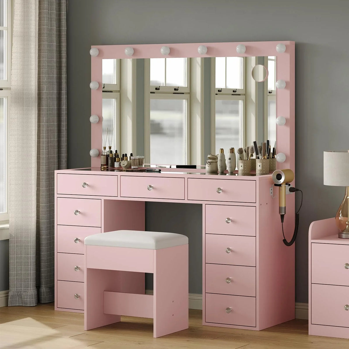 2026 NewWhite Vanity Desk with Illuminated Mirror & Power Outlet, 11 Drawers Vanity Table with Chair, Makeup Vanity with 12 LED Lights, Tempered Glass Top, Dressing Table for Bedroom,Dressing Room