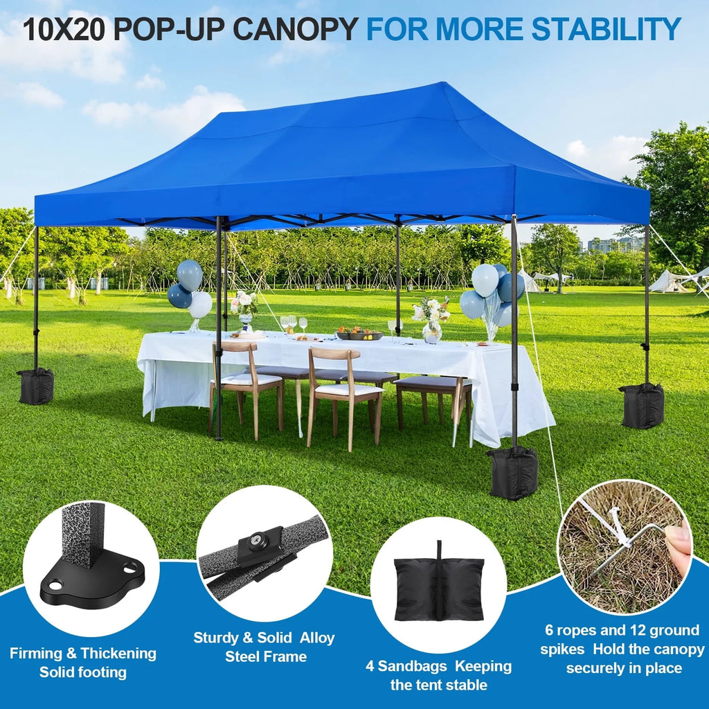 SANOPY 10'x20' Pop Up Canopy Waterproof Folding Tent Outdoor Easy Set-up Instant Tent Heavy Duty Commercial Wedding Party Shelter with 6 Removable Sidewalls, 4 Sandbags, Roller Bag, Black