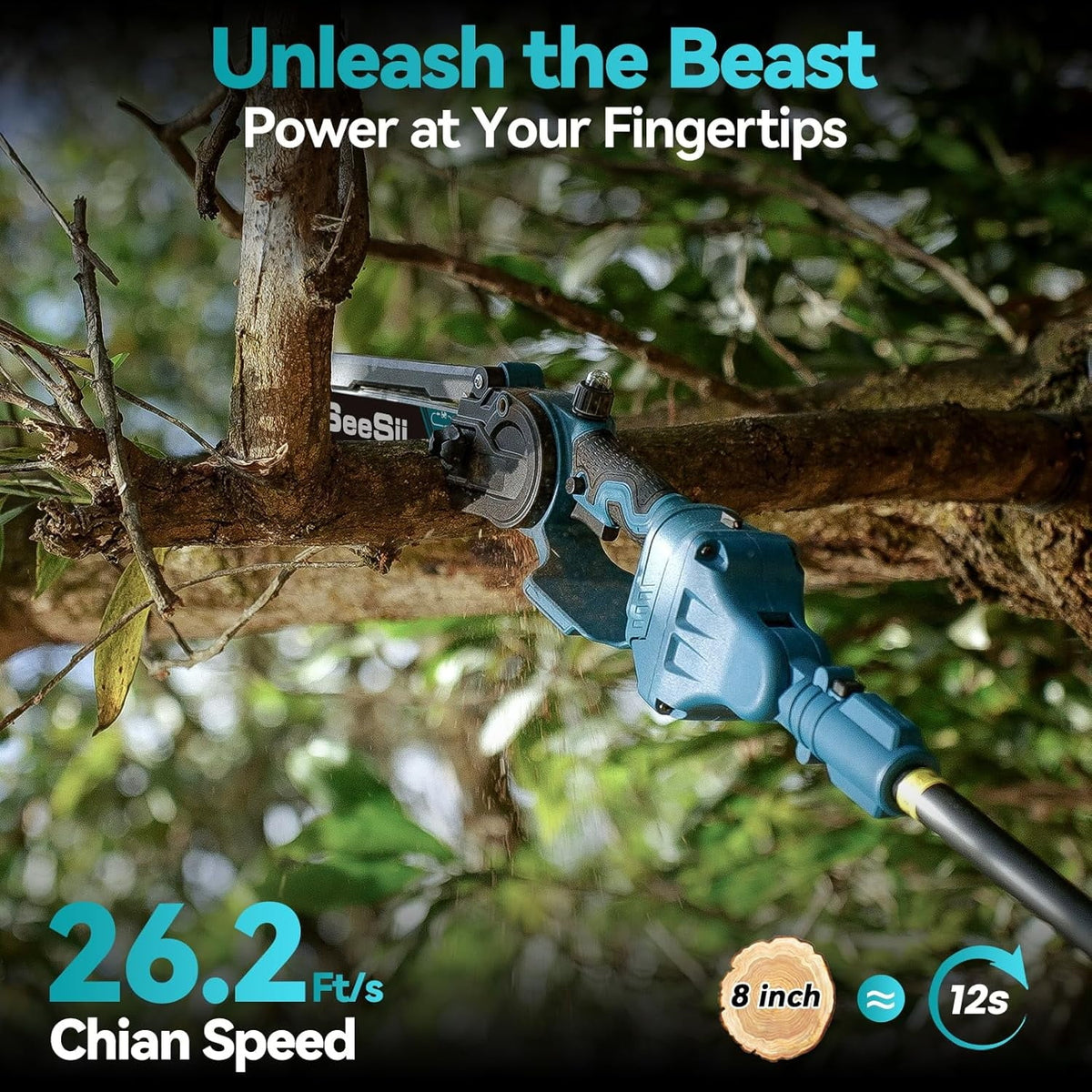 2026 NewSeesii 2-in-1 Cordless Pole Saw, 8 Inch Brushless Mini Chainsaw with Extension Pole, 16ft Max Pole Saws with 2x 21V Batteries for Tree Trimming, Branches Pruning, Wood Cutting