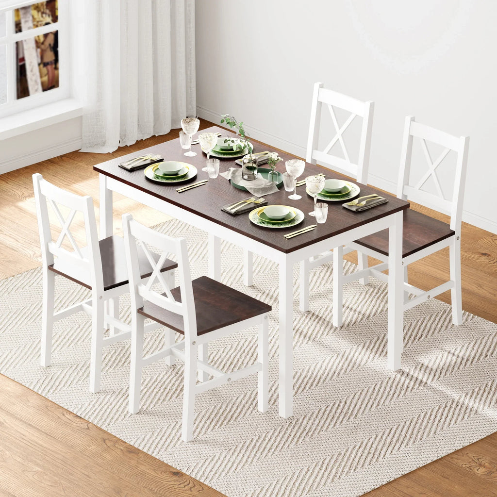 2026 NewSoges 5 Pieces Dining Table Set, Pine Wood Kitchen Dining Table with 4 Chairs, Wood Rectangular kitchen table and chairs for 4, Small Dining Set for Bar Dining Room Breakfast Nook, White and Gray