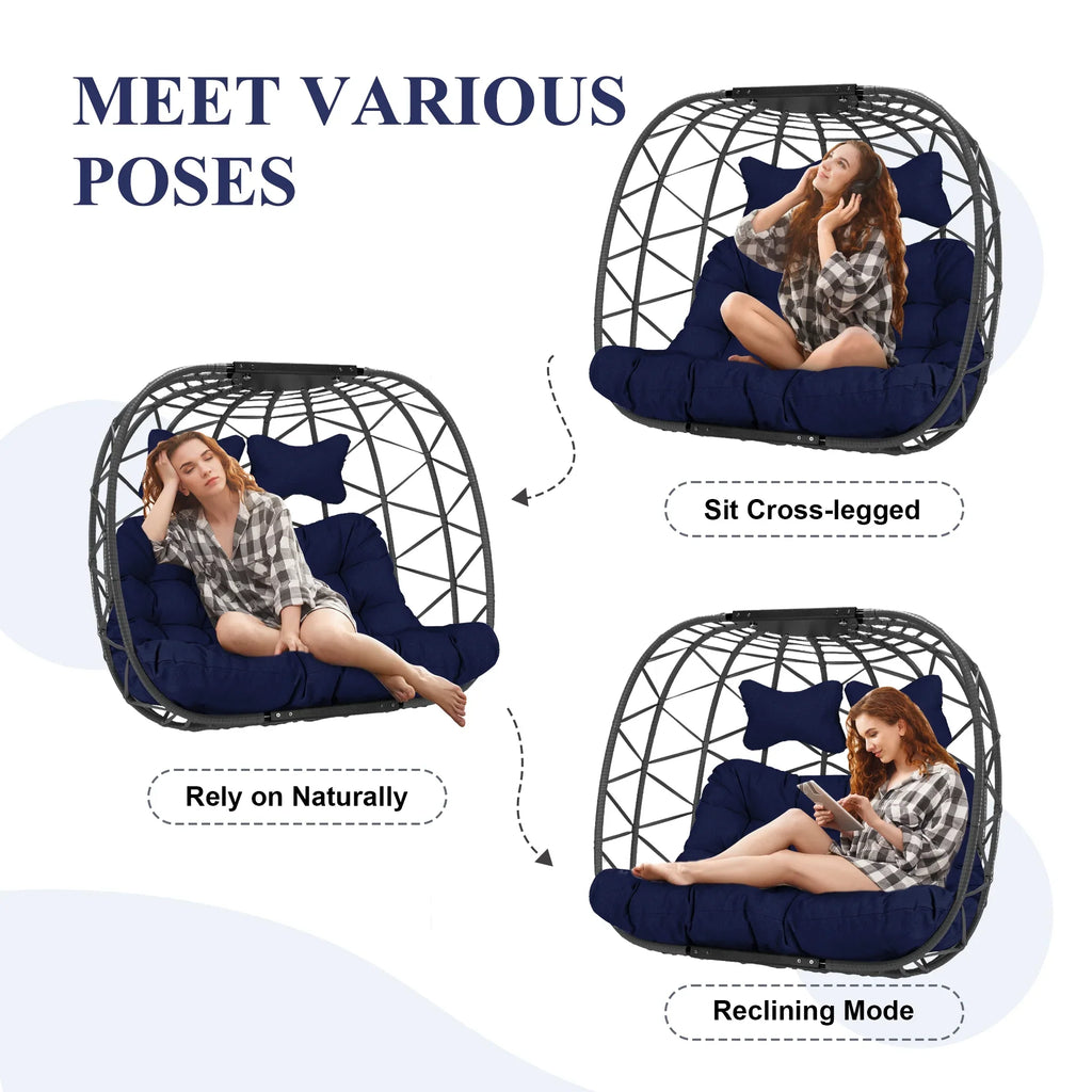 2026 NewRADIATA Double Wicker Egg Swing Chair with Stand, 2-Person Hanging Egg Chair for Indoor/Outdoor, 700lbs Capacity, Thick Cushions & Headrest,Sturdy Metal Frame"Dark Gray