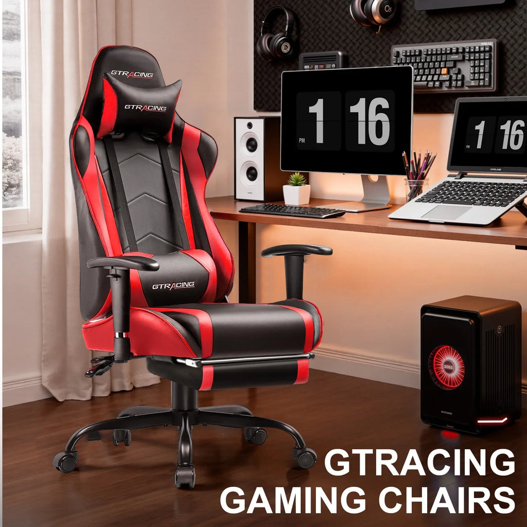 2026 NewGTRACING Gaming Chair, Ergonomic Office Desk Chair with Lumbar Support, PU Leather, Footrest & Adjustable Headrest, Red