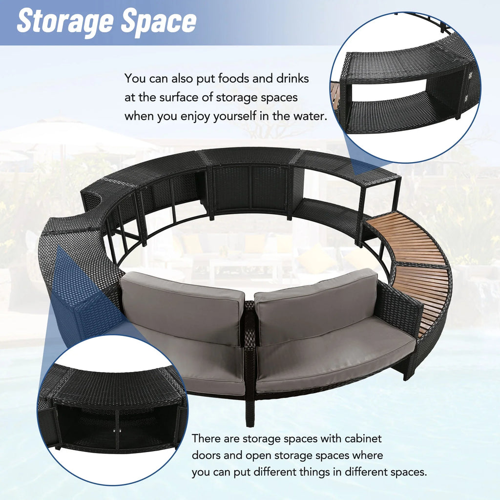 2026 NewRound Hot Tub Surround Furniture, Spa Surround Outdoor Rattan Sectional Sofa Set with Mini Sofa, Solid Acacia Wood Hot Tub Storage Surround Patio Furniture Set, Gray Cushion