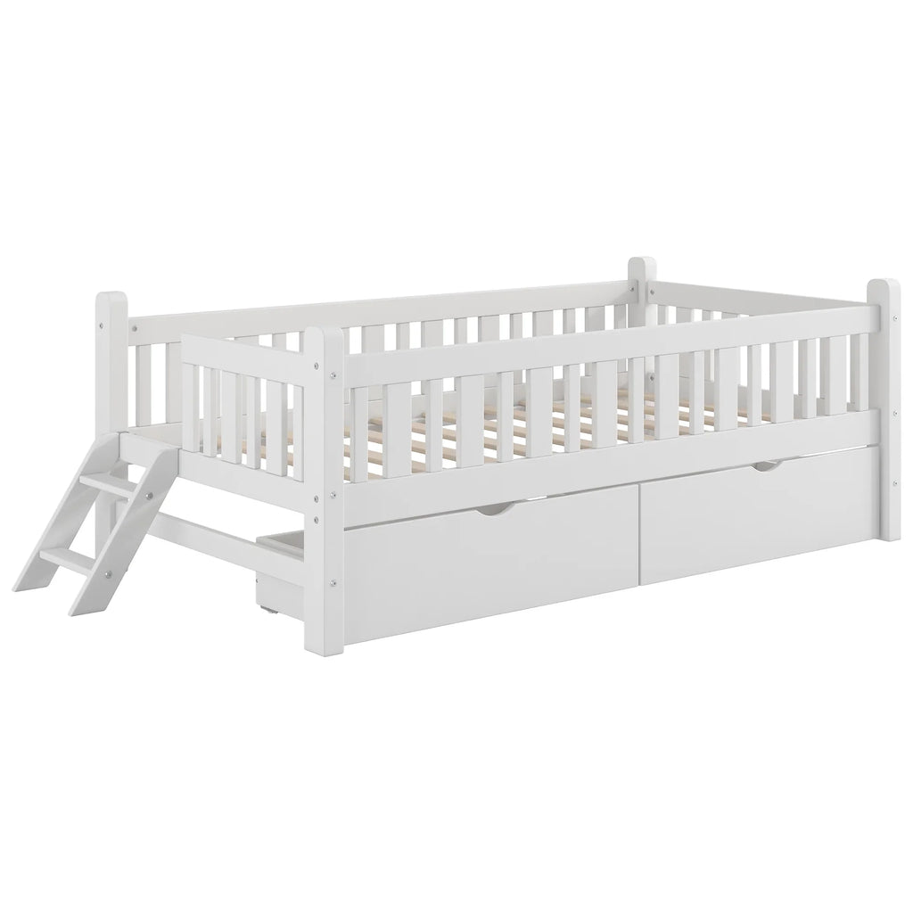 2026 NewEuroco Wood Twin Size Platform Bed with 2 Drawers and Ladder for Kids and Toddlers, White